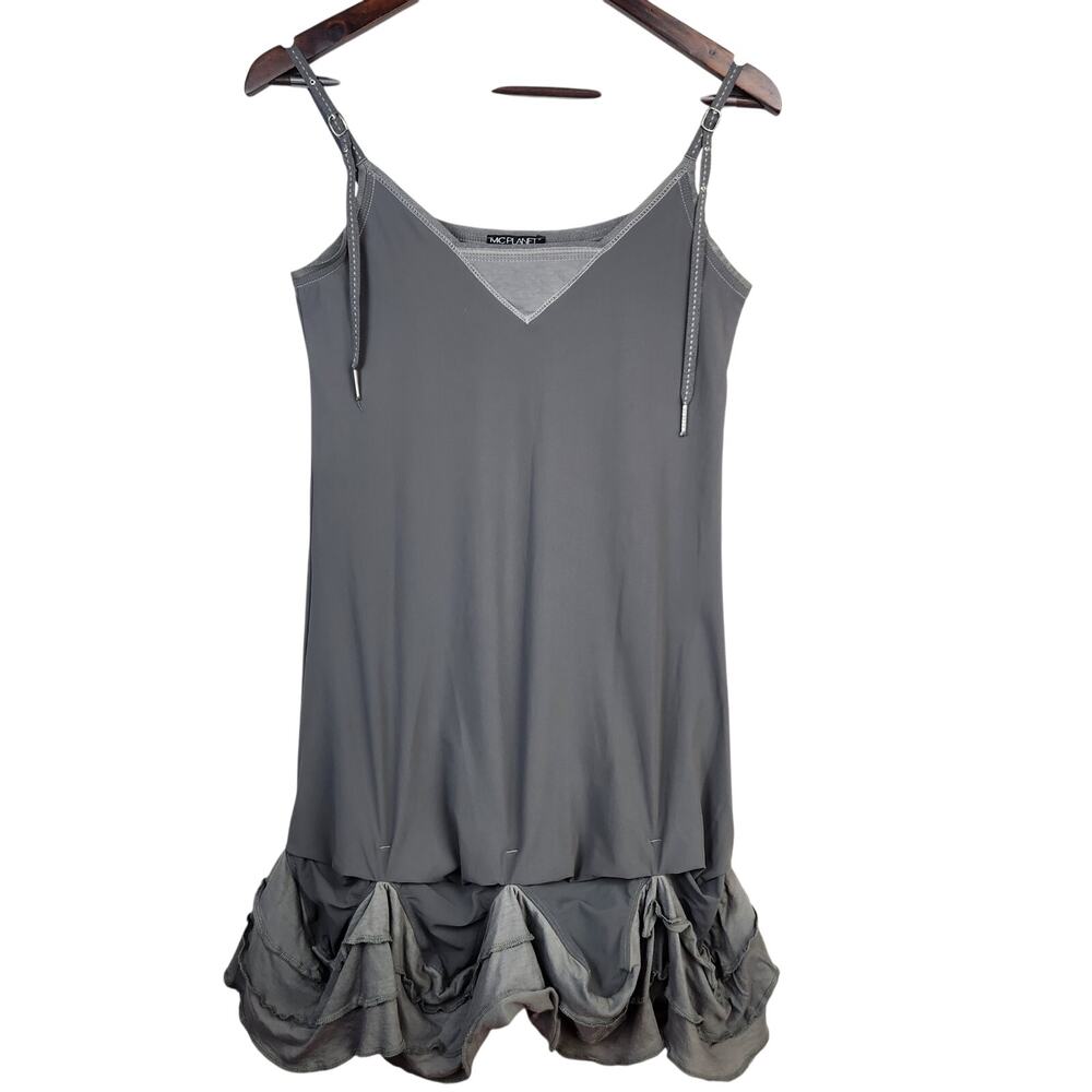 McPlanet Gray Tank Mini Dress Spaghetti Adjustable Straps US SZ 6 Hem Detail EUC
